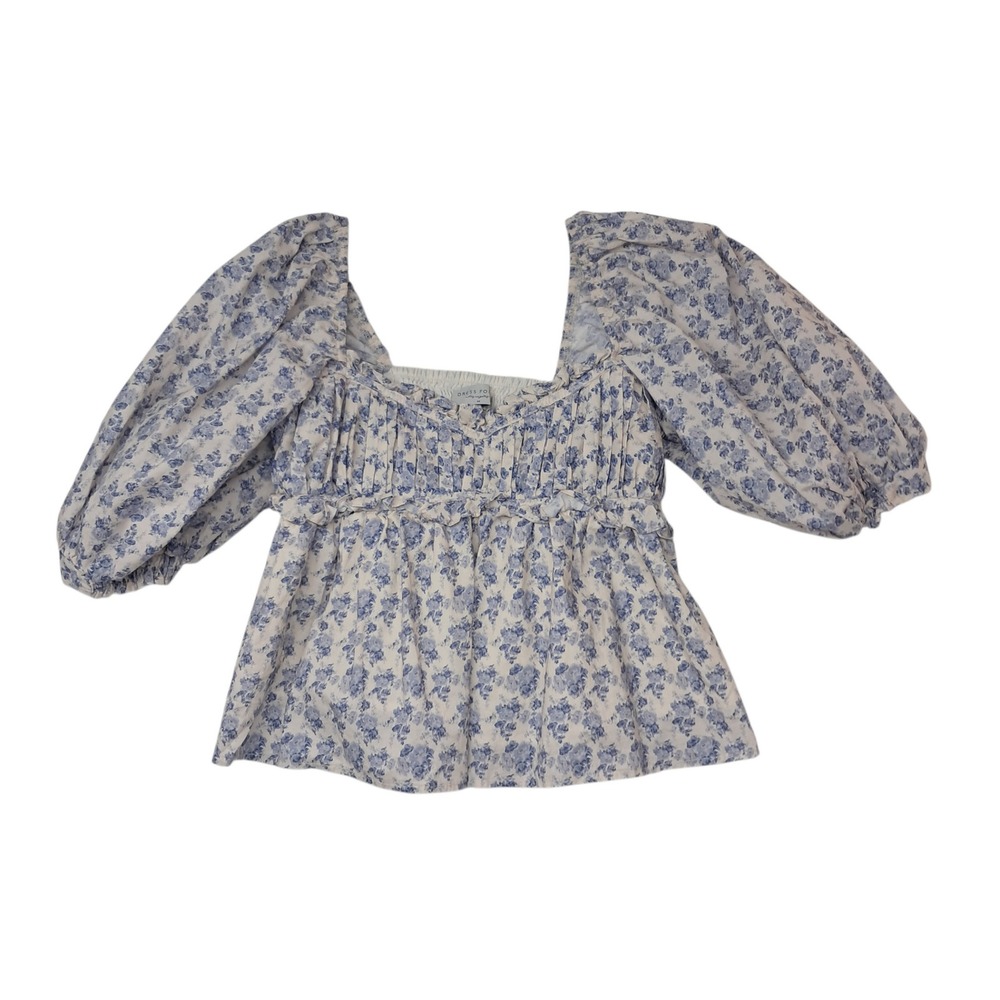 Dress Forum Top Women's Medium Cream Blue Floral Puff Sleeve Smocked Cottagecore